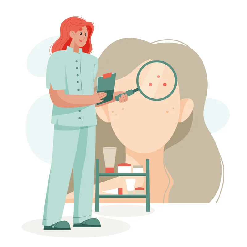 Illustration of a dermatologist examining a patient's skin